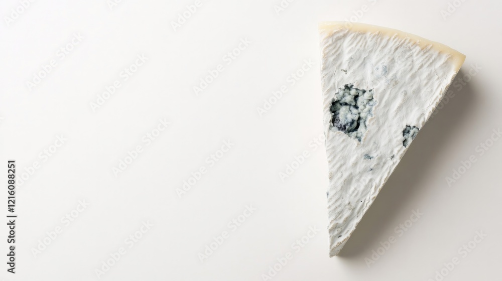 Poster wedge of blue cheese with visible veins placed on solid white background in top-down perspective wit