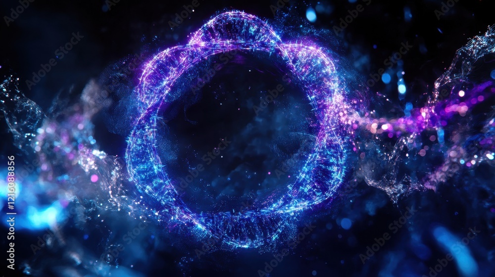 Poster abstract design featuring a glowing digital dna helix surrounded by holographic biometric security v