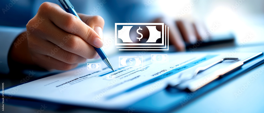 Poster loan application process office setting financial document professional environment close-up view un