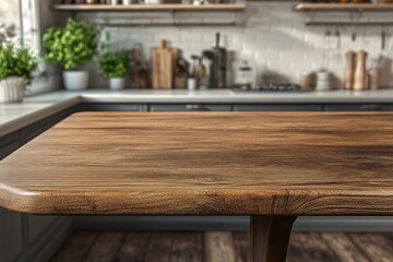 Wooden kitchen counter, modern kitchen background, sunlight, product display