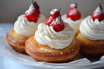 Zeppole delicate, sugar-dusted cupcakes with swirls of creamy frosting sit temptingly on a white plate, a delightful treat for any sweet tooth.