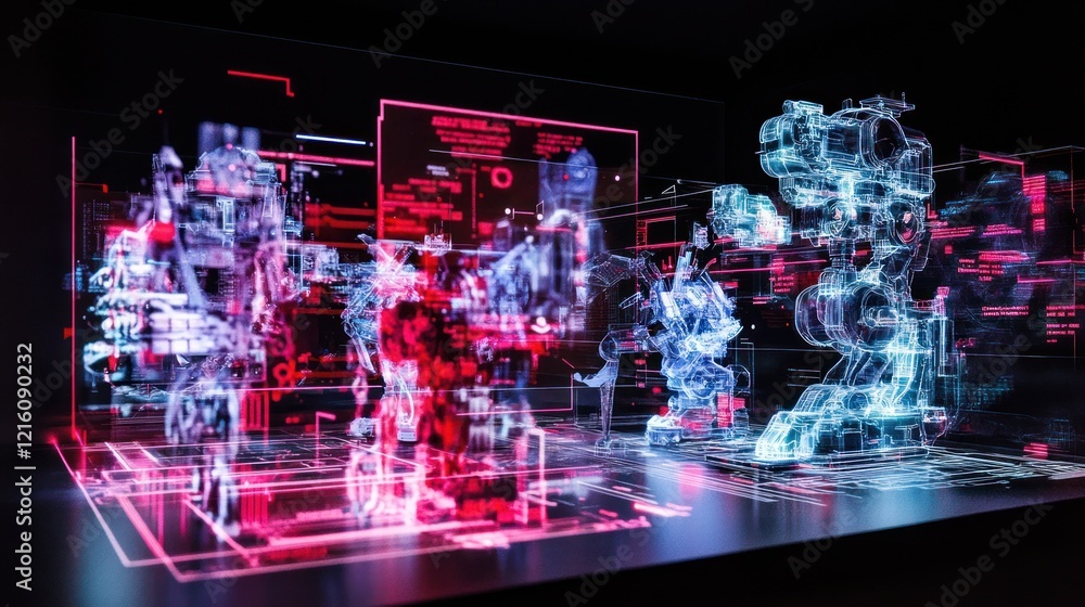 Poster cybernetic mecha hologram display: digital robots in a futuristic setting