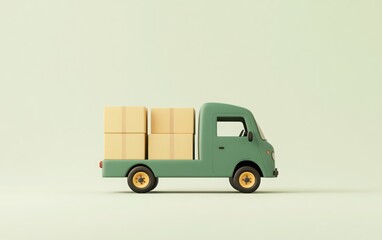3D cartoon-style minimalistic warehouse with a truck and cardboard boxes inside, all in a green color palette. 