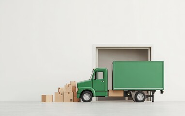 3D cartoon-style minimalistic warehouse with a truck and cardboard boxes inside, all in a green color palette. 