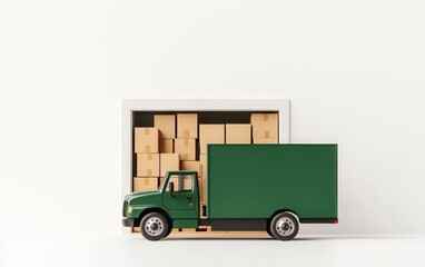 3D cartoon-style minimalistic warehouse with a truck and cardboard boxes inside, using a green color palette only. 