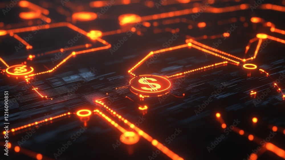Poster abstract fintech data visualization with glowing nodes, graphs, and currency symbols.