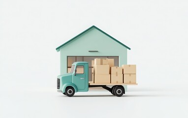 3D cartoon-style minimalistic warehouse with a truck and cardboard boxes inside, featuring only a green color palette. 