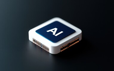 3D icon of "AI" on a chip, with a white and blue color theme, minimalistic design, isometric view, on a solid black background. 