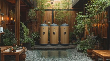 Naklejka premium Tranquil water feature and bamboo decor indoor zen garden natural aesthetic serene environment close-up perspective