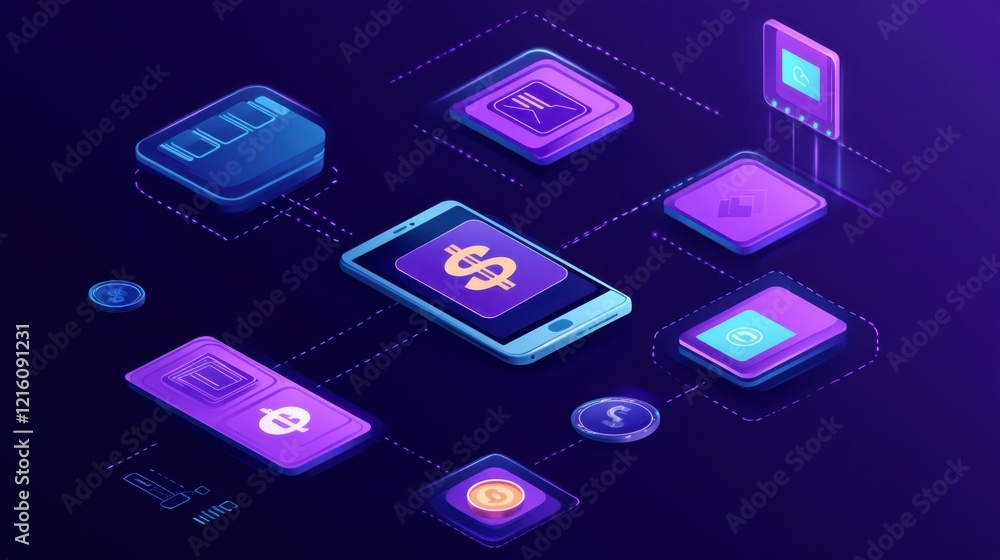 Poster abstract fintech ecosystem visualization with glowing payment nodes and digital icons.
