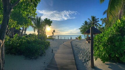 Obraz premium Sunset Paradise: Tropical Beach Walkway at Golden Hour