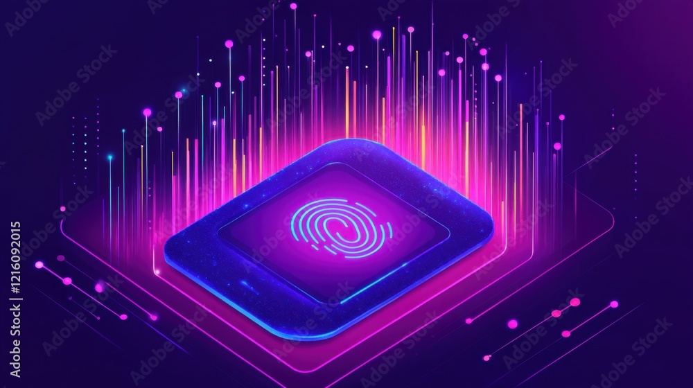 Poster abstract holographic fingerprint scanner surrounded by glowing access control visuals.