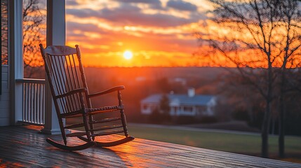 Serene Sunset: Rocking Chair on Porch Overlooking Countryside
