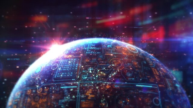 Planet earth rotating showing data analysis and HUD interface in cyberspace