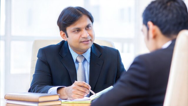 "Leadership in Action: Indian HR Manager" An Indian HR leader conducting a one-on-one mentoring session with a junior team member.	
