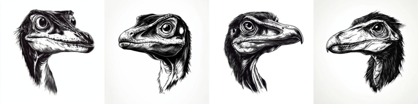 detailed pencil drawing of various pterosaur heads showcasing unique features and expressions
