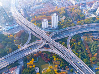 aerial view of Overpass and City Traffic in Shanghai, China