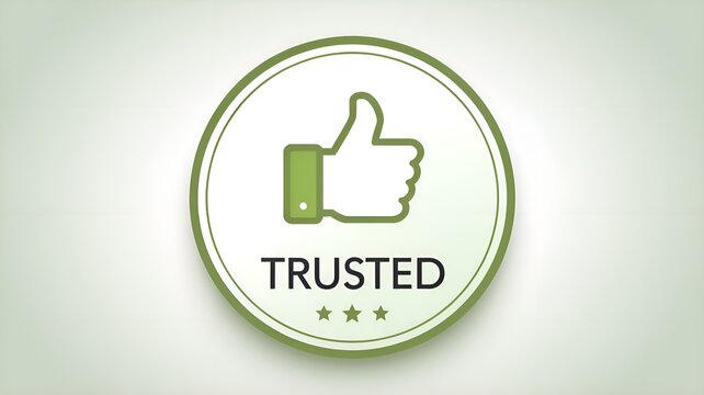 Green trusted badge icon with thumbs-up symbol, representing reliability, trustworthiness, certification, and approval for branding, business, marketing, or customer loyalty visuals.