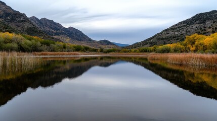 A serene lake reflects mountains and autumn foliage, surrounded by tranquil waters and colorful nature under a cloudy sky.
