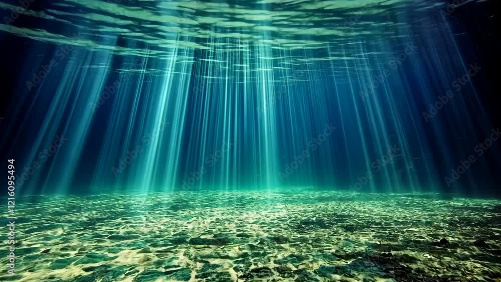 Aufkleber underwater rays illuminate the ocean floor creating a tranquil and serene atmosphere in a deep blue 