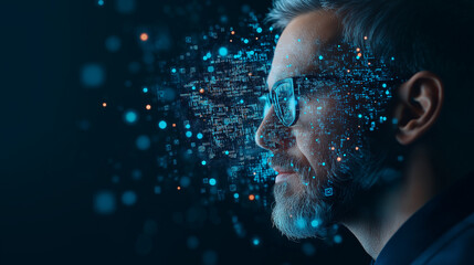 The Digital Frontier: A man in glasses gazes intently, surrounded by a swirling storm of digital data, symbolizing the intersection of technology and human thought in a captivating portrait.  