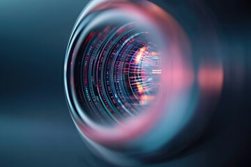 extreme close-up of robotic eye scanning with ai-driven digital interface holographic data projections reflecting on