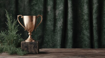 Gold trophy on wooden table with green background