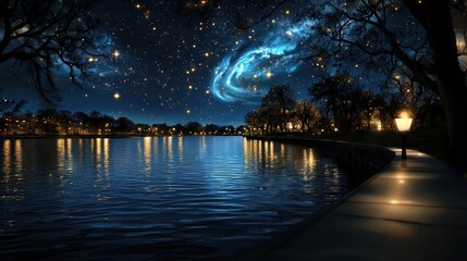 A serene lakeside scene at night, illuminated by stars and a galaxy, reflecting on the water amidst trees and soft lights.