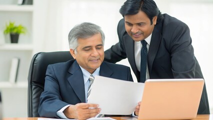 Fototapeta premium Indian CEO with HR Representative - An Indian CEO and HR representative reviewing business reports in an office setting. 