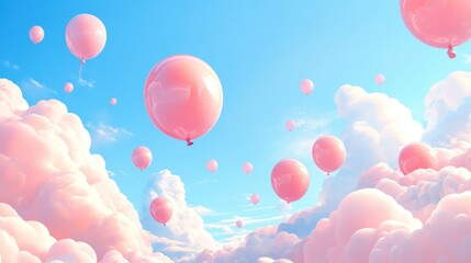 Pink balloons float amidst fluffy clouds, a dreamy sky. Ideal for celebration