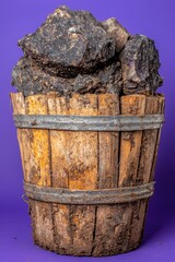Fototapeta premium Pile of dark rocks in a rustic wooden bucket