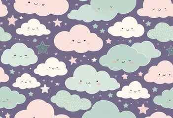 Adorable Cartoon Clouds and Stars Seamless Pattern, Pastel Colors, Cute Night Sky Background
