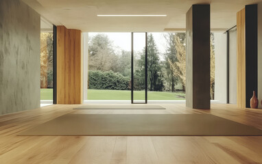 Obraz premium Spacious yoga studio with natural light and greenery in the background