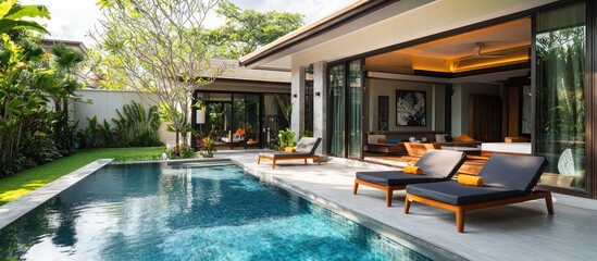 Exterior luxury pool villa with sunbed and garden landscape design