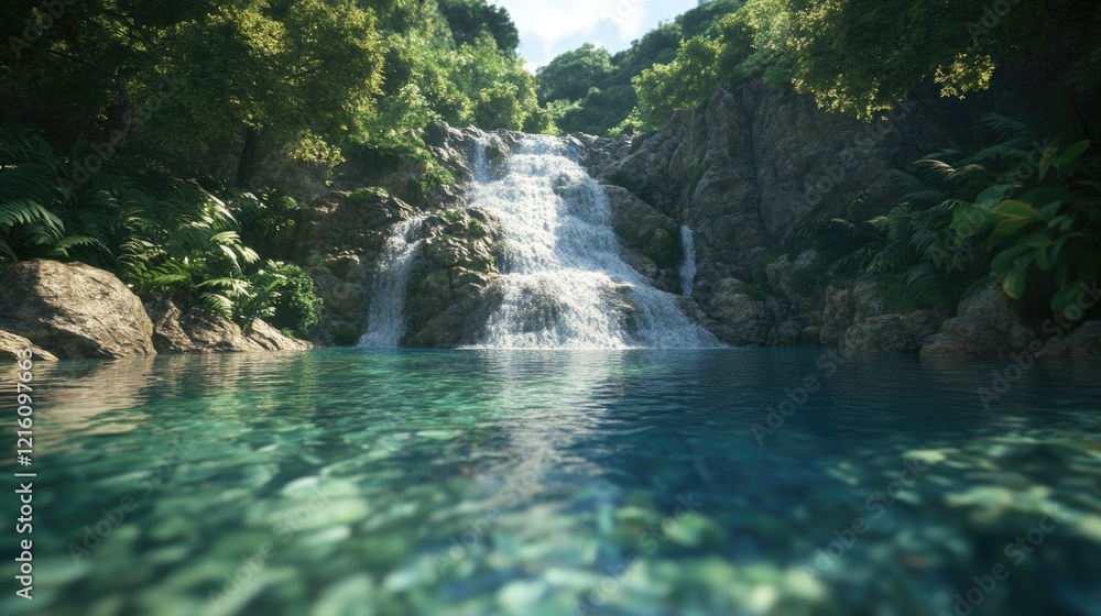 Poster 3d render of tranquil waterfall cascading into crystal-clear pool surrounded by greenery