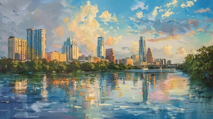 City skyline view with reflection on the water. original oil painting