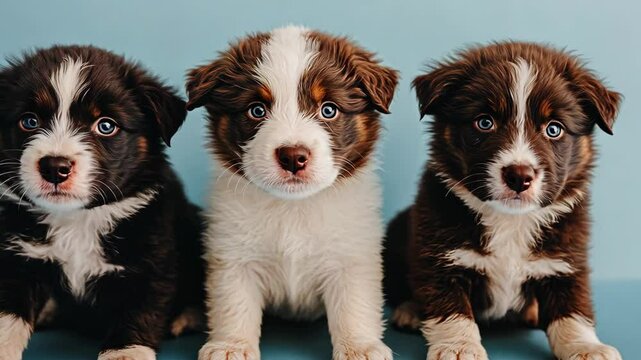 Three adorable puppies of different colors posing together against a blue background