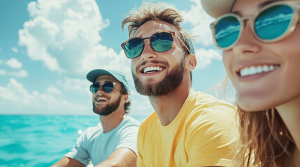 Group of young people wearing sunglasses, enjoying sunny day on water, smiling and having fun together, with clear blue skies and ocean in background