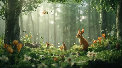 International Day of Forests scene with lush green trees and woodland creatures against a misty morning forest backdrop, macro shot, Nature Conservation style concept