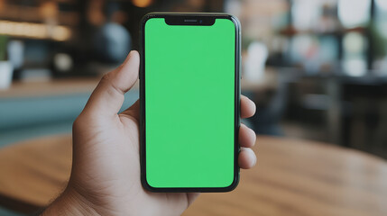 man holding smartphone with green screen in cafe setting, showcasing modern technology and casual atmosphere