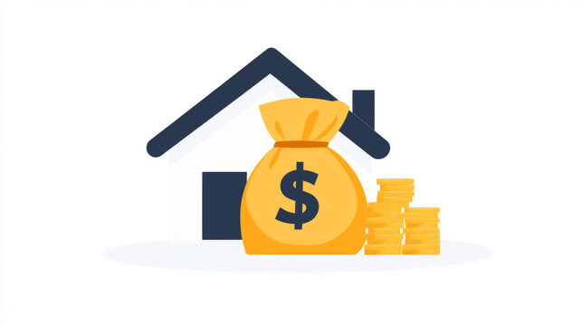 house with money bag and stacks of coins symbolizes financial investment and wealth. This conveys idea of home ownership and financial growth
