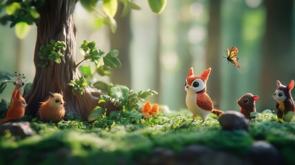 International Day of Forests scene with lush green trees and woodland creatures against a misty morning forest backdrop, macro shot, Nature Conservation style concept