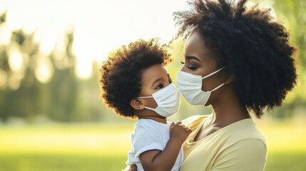 mother and child wearing protective masks share tender moment outdoors, showcasing love and care in safe environment