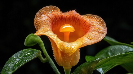 A vibrant orange flower with water droplets, showcasing intricate textures and a captivating structure against a dark background.
