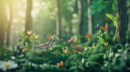 International Day of Forests scene with lush green trees and woodland creatures against a misty morning forest backdrop, macro shot, Nature Conservation style concept