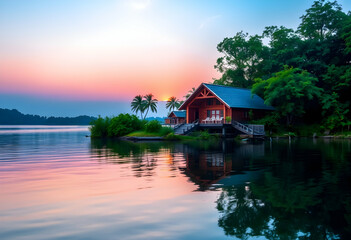 Obraz premium Serene lakeside cabin, golden sunset reflection, tranquil water, silhouetted trees, small island, peaceful atmosphere, vibrant blue sky, warm evening glow, rustic retreat, nature getaway, mirror-like 