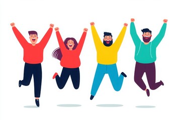 A joyful group of friends jumping with excitement, showcasing happiness and camaraderie in a vibrant and lively scene.