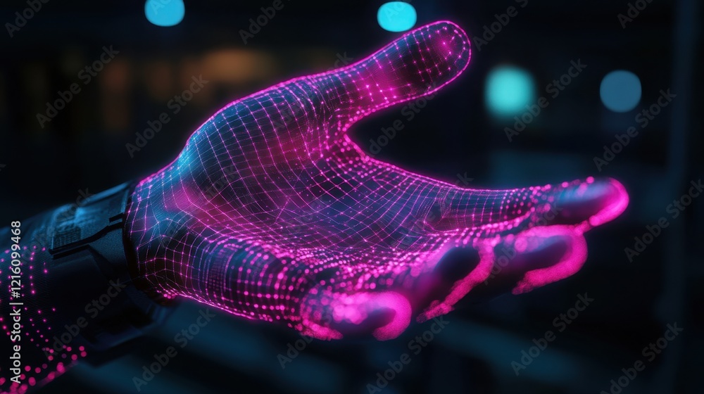Poster advanced hand geometry scan glowing with holographic patterns and digital effects.