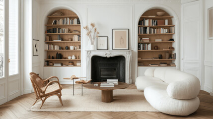 Fototapeta premium refined living room featuring arched oak shelving unit, cozy white sofa, and wooden coffee table. space exudes warmth and elegance with minimalist design