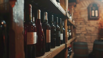 Wine bottles on the shelves at the winery Customers choose wine at the winery